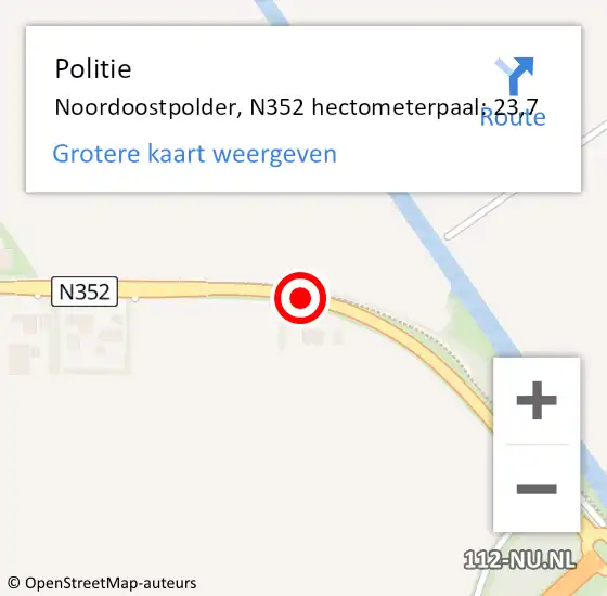 Locatie op kaart van de 112 melding: Politie Noordoostpolder, N352 hectometerpaal: 23,7 op 3 juni 2024 21:40