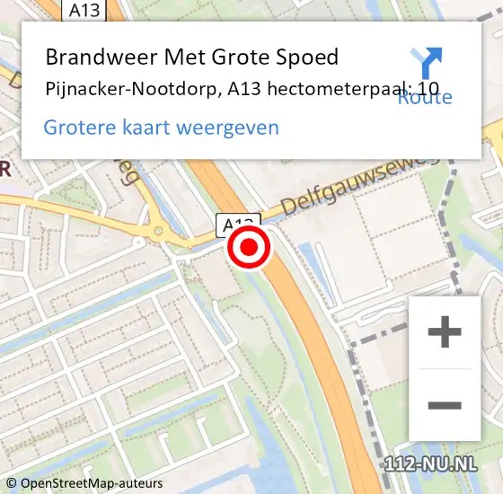 Locatie op kaart van de 112 melding: Brandweer Met Grote Spoed Naar Pijnacker-Nootdorp, A13 hectometerpaal: 10 op 3 juni 2024 22:16