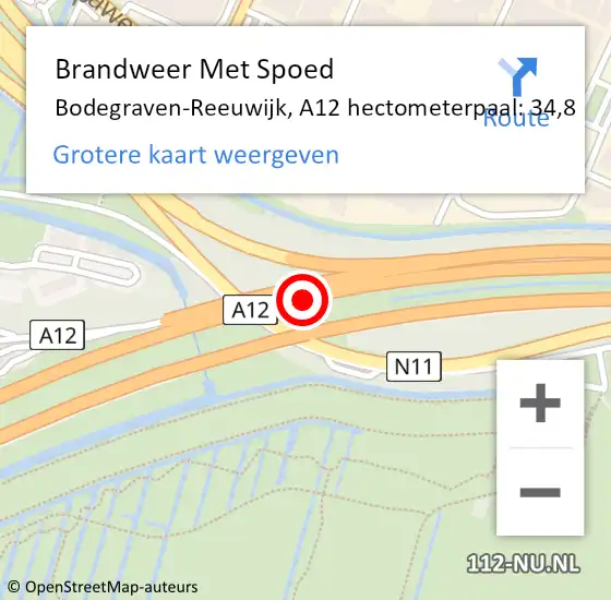 Locatie op kaart van de 112 melding: Brandweer Met Spoed Naar Bodegraven-Reeuwijk, A12 hectometerpaal: 34,8 op 4 juni 2024 02:48