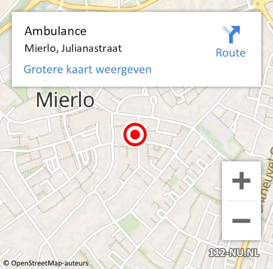 Locatie op kaart van de 112 melding: Ambulance Mierlo, Julianastraat op 8 oktober 2014 10:06