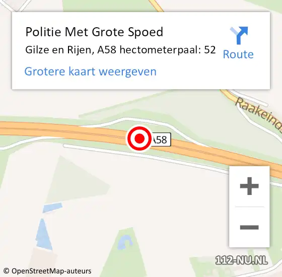 Locatie op kaart van de 112 melding: Politie Met Grote Spoed Naar Gilze en Rijen, A58 hectometerpaal: 52 op 4 juni 2024 07:09