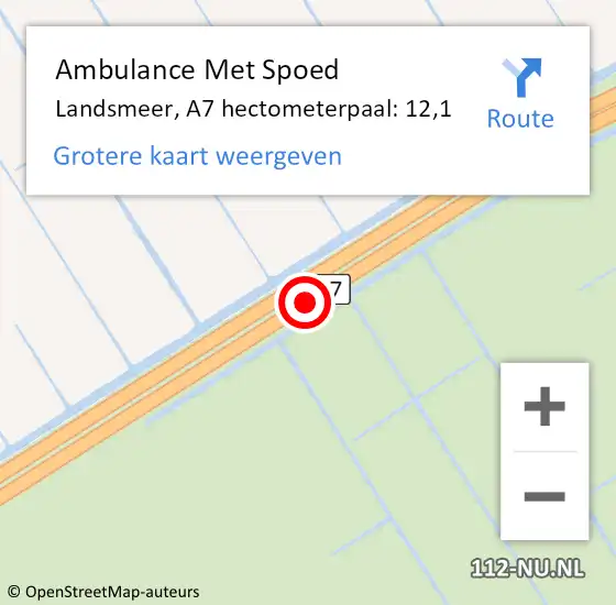 Locatie op kaart van de 112 melding: Ambulance Met Spoed Naar Landsmeer, A7 hectometerpaal: 12,1 op 4 juni 2024 07:14