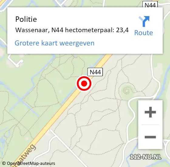 Locatie op kaart van de 112 melding: Politie Wassenaar, N44 hectometerpaal: 23,4 op 4 juni 2024 08:11