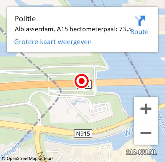 Locatie op kaart van de 112 melding: Politie Alblasserdam, A15 hectometerpaal: 73,5 op 4 juni 2024 09:58