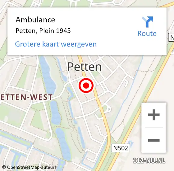 Locatie op kaart van de 112 melding: Ambulance Petten, Plein 1945 op 4 juni 2024 11:43