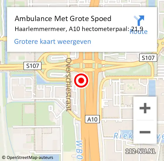 Locatie op kaart van de 112 melding: Ambulance Met Grote Spoed Naar Haarlemmermeer, A10 hectometerpaal: 21,9 op 4 juni 2024 13:26