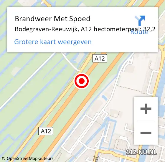 Locatie op kaart van de 112 melding: Brandweer Met Spoed Naar Bodegraven-Reeuwijk, A12 hectometerpaal: 32,2 op 4 juni 2024 13:40