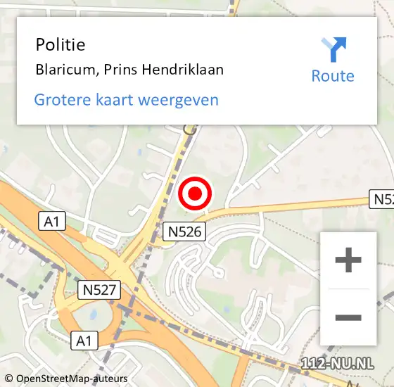 Locatie op kaart van de 112 melding: Politie Blaricum, Prins Hendriklaan op 4 juni 2024 13:44