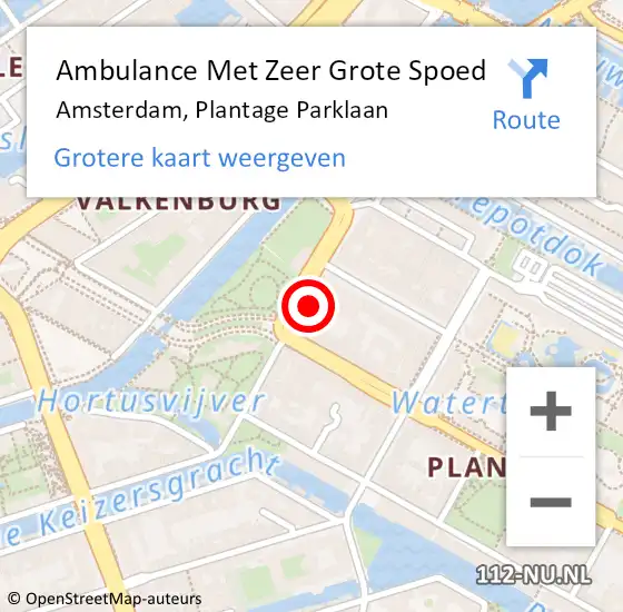 Locatie op kaart van de 112 melding: Ambulance Met Zeer Grote Spoed Naar Amsterdam, Plantage Parklaan op 4 juni 2024 15:36