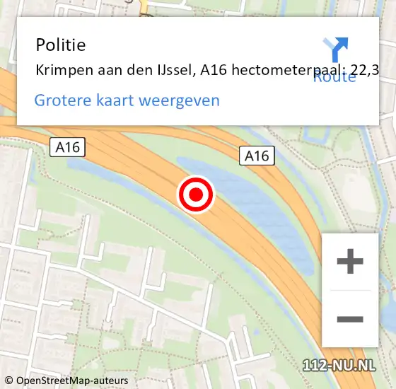 Locatie op kaart van de 112 melding: Politie Krimpen aan den IJssel, A16 hectometerpaal: 22,3 op 4 juni 2024 16:26