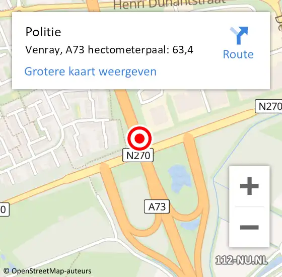 Locatie op kaart van de 112 melding: Politie Venray, A73 hectometerpaal: 63,4 op 4 juni 2024 16:51