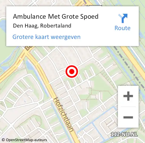 Locatie op kaart van de 112 melding: Ambulance Met Grote Spoed Naar Den Haag, Robertaland op 4 juni 2024 16:58