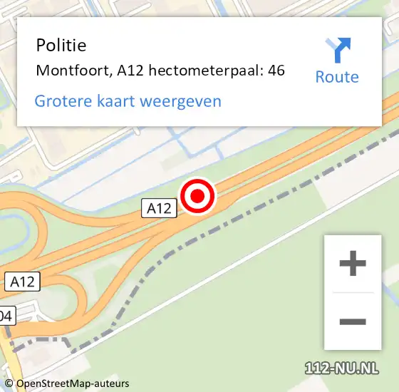 Locatie op kaart van de 112 melding: Politie Montfoort, A12 hectometerpaal: 46 op 4 juni 2024 17:11