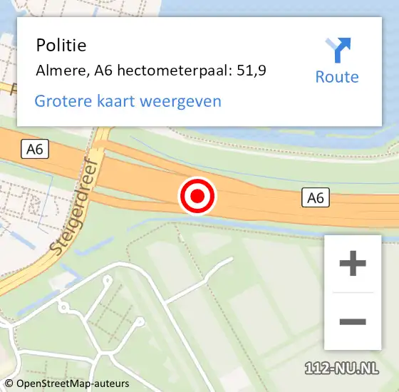 Locatie op kaart van de 112 melding: Politie Almere, A6 hectometerpaal: 51,9 op 4 juni 2024 17:56