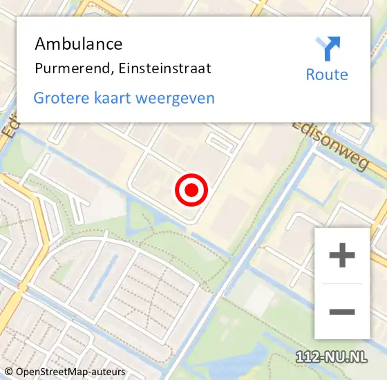 Locatie op kaart van de 112 melding: Ambulance Purmerend, Einsteinstraat op 4 juni 2024 18:09