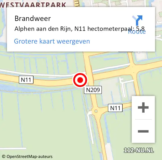 Locatie op kaart van de 112 melding: Brandweer Alphen aan den Rijn, N11 hectometerpaal: 5,8 op 4 juni 2024 23:09