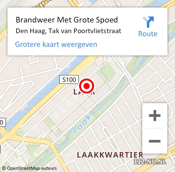 Locatie op kaart van de 112 melding: Brandweer Met Grote Spoed Naar Den Haag, Tak van Poortvlietstraat op 5 juni 2024 01:38