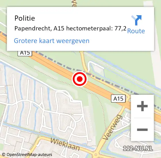 Locatie op kaart van de 112 melding: Politie Papendrecht, A15 hectometerpaal: 77,2 op 5 juni 2024 07:22