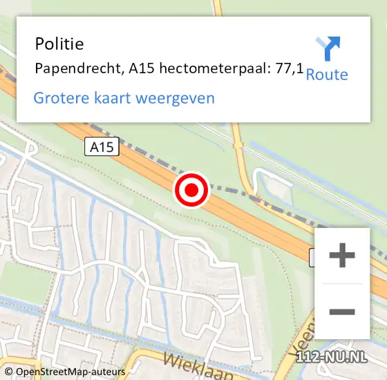 Locatie op kaart van de 112 melding: Politie Papendrecht, A15 hectometerpaal: 77,1 op 5 juni 2024 07:24