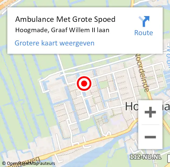 Locatie op kaart van de 112 melding: Ambulance Met Grote Spoed Naar Hoogmade, Graaf Willem II laan op 5 juni 2024 09:01