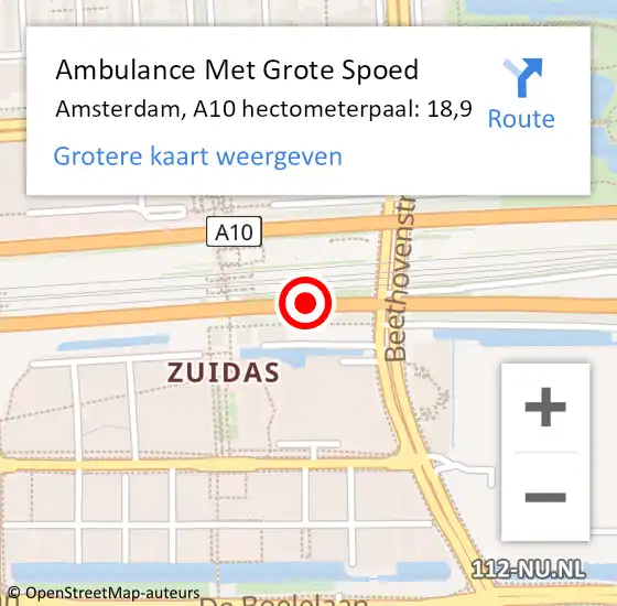 Locatie op kaart van de 112 melding: Ambulance Met Grote Spoed Naar Amsterdam, A10 hectometerpaal: 18,9 op 5 juni 2024 09:10