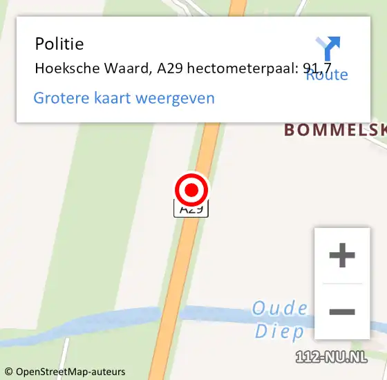 Locatie op kaart van de 112 melding: Politie Hoeksche Waard, A29 hectometerpaal: 91,7 op 5 juni 2024 10:42