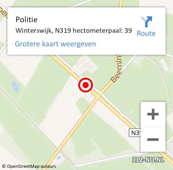 Locatie op kaart van de 112 melding: Politie Winterswijk, N319 hectometerpaal: 39 op 5 juni 2024 10:57