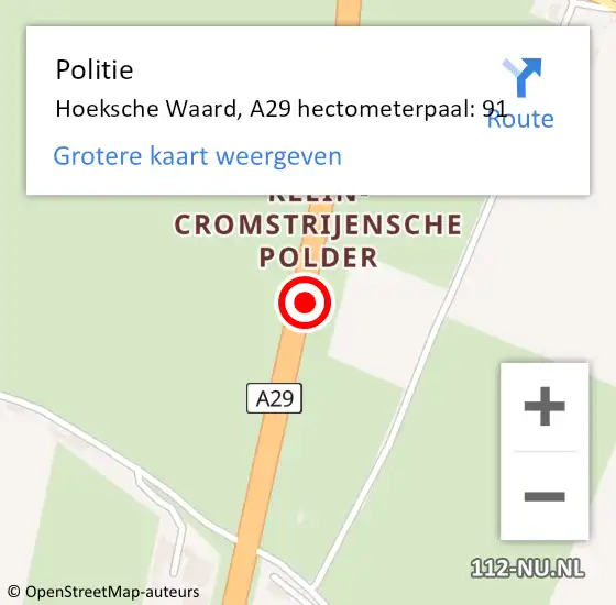 Locatie op kaart van de 112 melding: Politie Hoeksche Waard, A29 hectometerpaal: 91 op 5 juni 2024 10:59