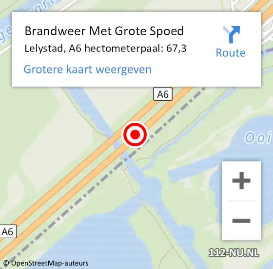 Locatie op kaart van de 112 melding: Brandweer Met Grote Spoed Naar Lelystad, A6 hectometerpaal: 67,3 op 5 juni 2024 11:59