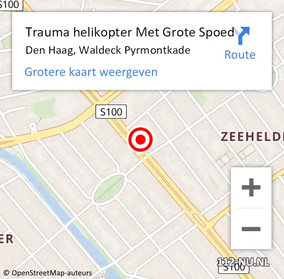 Locatie op kaart van de 112 melding: Trauma helikopter Met Grote Spoed Naar Den Haag, Waldeck Pyrmontkade op 5 juni 2024 13:11