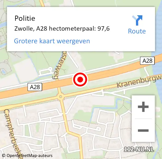 Locatie op kaart van de 112 melding: Politie Zwolle, A28 hectometerpaal: 97,6 op 5 juni 2024 15:56