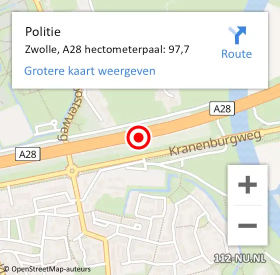 Locatie op kaart van de 112 melding: Politie Zwolle, A28 hectometerpaal: 97,7 op 5 juni 2024 15:57