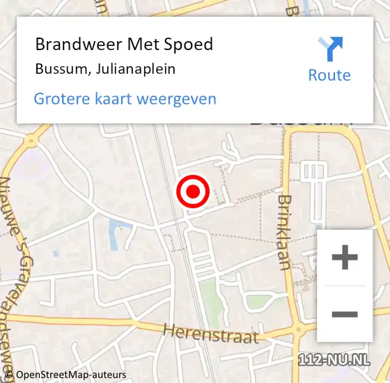 Locatie op kaart van de 112 melding: Brandweer Met Spoed Naar Bussum, Julianaplein op 5 juni 2024 15:57