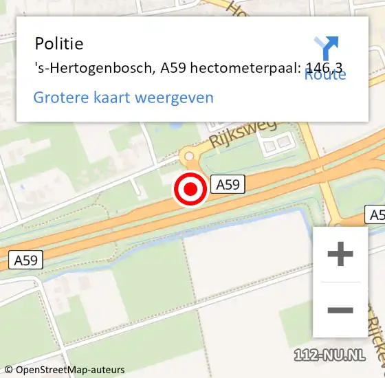 Locatie op kaart van de 112 melding: Politie 's-Hertogenbosch, A59 hectometerpaal: 146,3 op 5 juni 2024 16:23