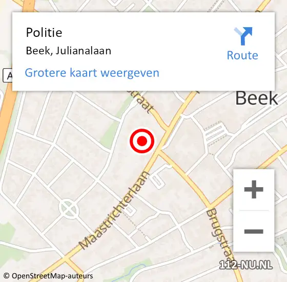 Locatie op kaart van de 112 melding: Politie Beek, Julianalaan op 5 juni 2024 17:02