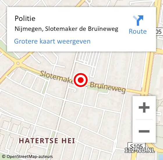 Locatie op kaart van de 112 melding: Politie Nijmegen, Slotemaker de Bruïneweg op 5 juni 2024 17:09