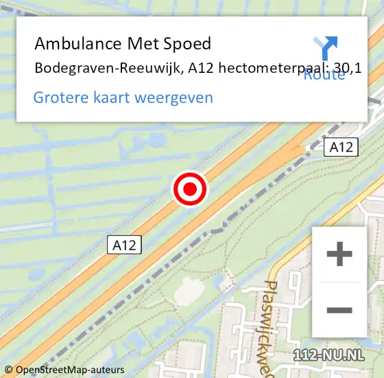 Locatie op kaart van de 112 melding: Ambulance Met Spoed Naar Bodegraven-Reeuwijk, A12 hectometerpaal: 30,1 op 5 juni 2024 17:39