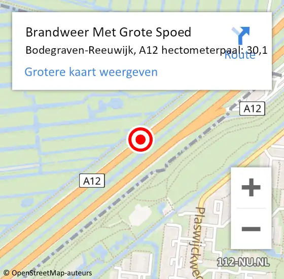 Locatie op kaart van de 112 melding: Brandweer Met Grote Spoed Naar Bodegraven-Reeuwijk, A12 hectometerpaal: 30,1 op 5 juni 2024 17:41