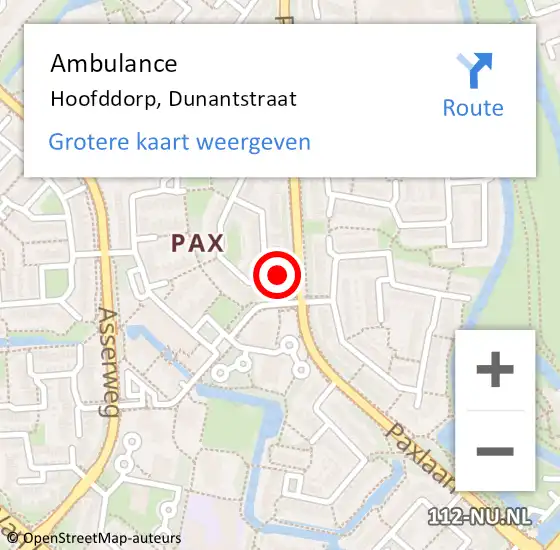 Locatie op kaart van de 112 melding: Ambulance Hoofddorp, Dunantstraat op 5 juni 2024 19:43