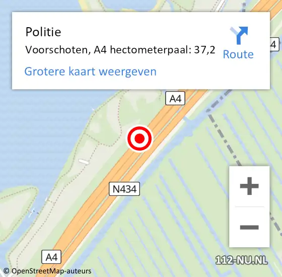 Locatie op kaart van de 112 melding: Politie Voorschoten, A4 hectometerpaal: 37,2 op 5 juni 2024 20:14