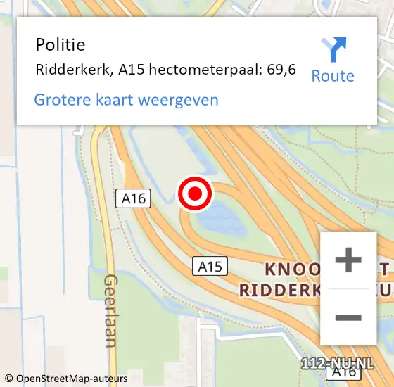 Locatie op kaart van de 112 melding: Politie Ridderkerk, A15 hectometerpaal: 69,6 op 5 juni 2024 20:50