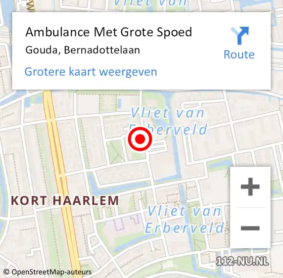 Locatie op kaart van de 112 melding: Ambulance Met Grote Spoed Naar Gouda, Bernadottelaan op 6 juni 2024 00:28