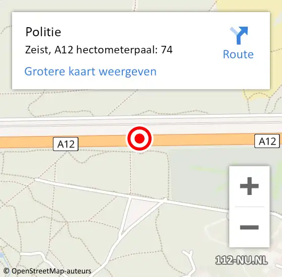 Locatie op kaart van de 112 melding: Politie Zeist, A12 hectometerpaal: 74 op 6 juni 2024 07:18