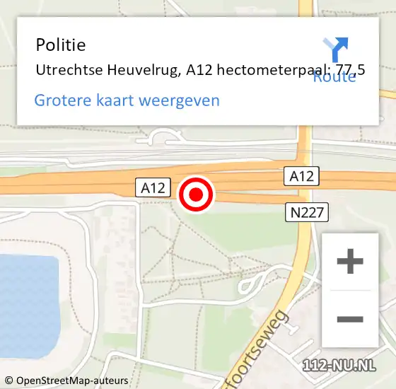 Locatie op kaart van de 112 melding: Politie Utrechtse Heuvelrug, A12 hectometerpaal: 77,5 op 6 juni 2024 07:18