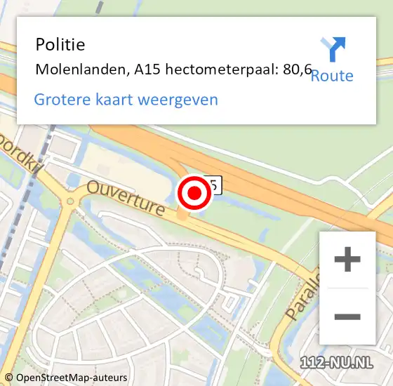 Locatie op kaart van de 112 melding: Politie Molenlanden, A15 hectometerpaal: 80,6 op 6 juni 2024 07:24