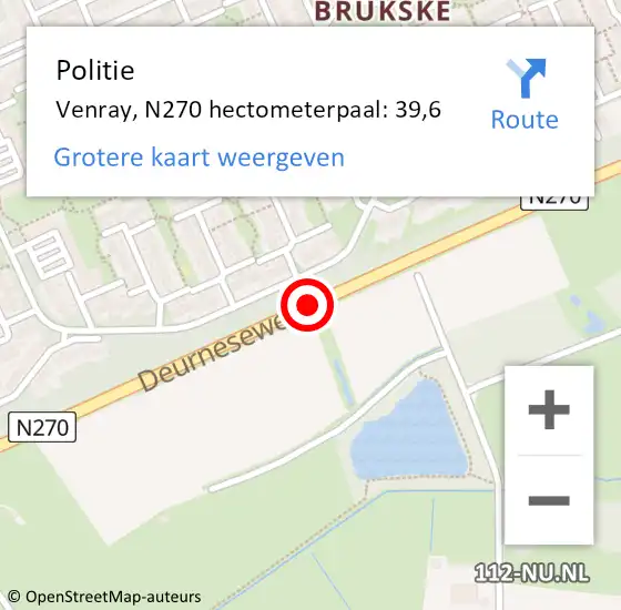 Locatie op kaart van de 112 melding: Politie Venray, N270 hectometerpaal: 39,6 op 6 juni 2024 08:46