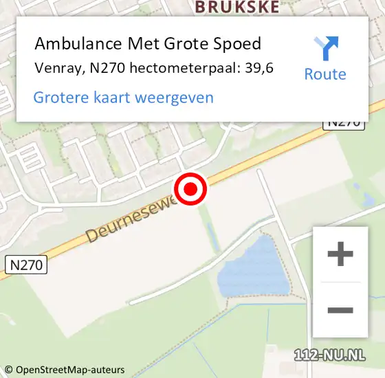Locatie op kaart van de 112 melding: Ambulance Met Grote Spoed Naar Venray, N270 hectometerpaal: 39,6 op 6 juni 2024 08:56