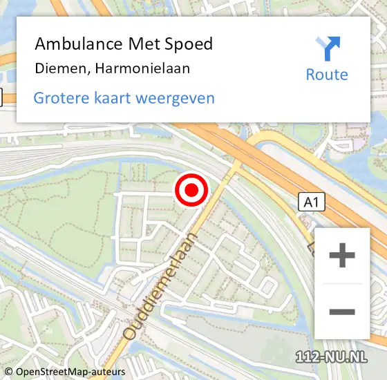 Locatie op kaart van de 112 melding: Ambulance Met Spoed Naar Diemen, Harmonielaan op 6 juni 2024 09:16