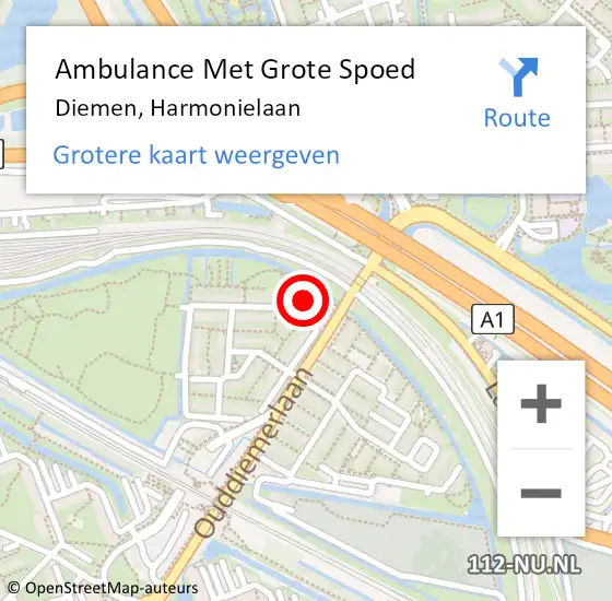 Locatie op kaart van de 112 melding: Ambulance Met Grote Spoed Naar Diemen, Harmonielaan op 6 juni 2024 09:32