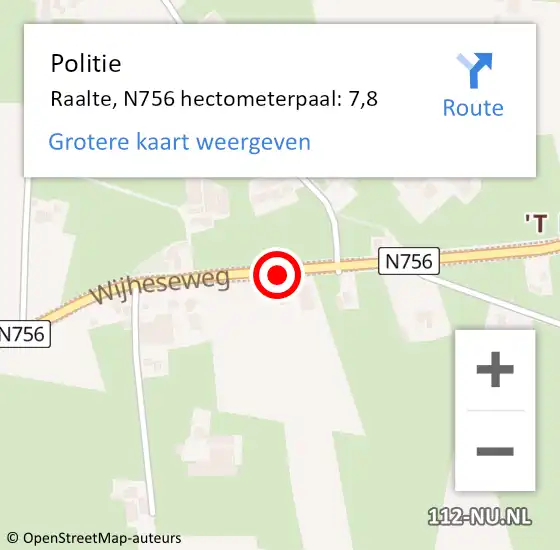 Locatie op kaart van de 112 melding: Politie Raalte, N756 hectometerpaal: 7,8 op 6 juni 2024 09:55